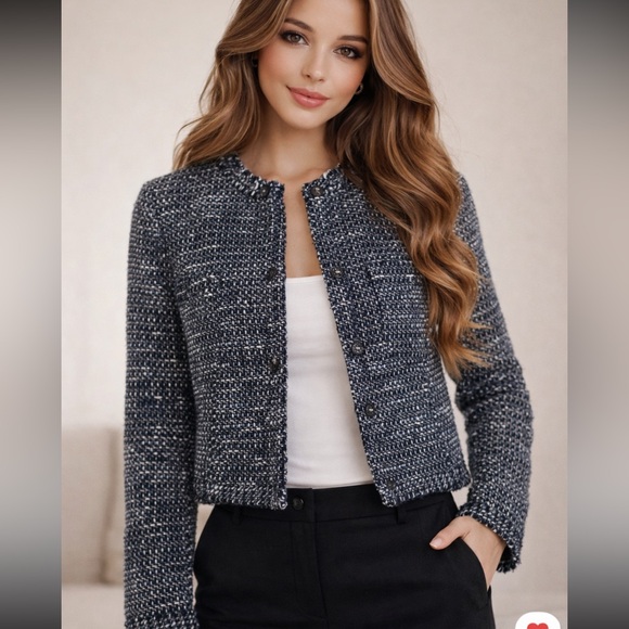 Theory Jackets & Blazers - Theory New Blue & White Tweed Cropped Collarless Jacket Size 10